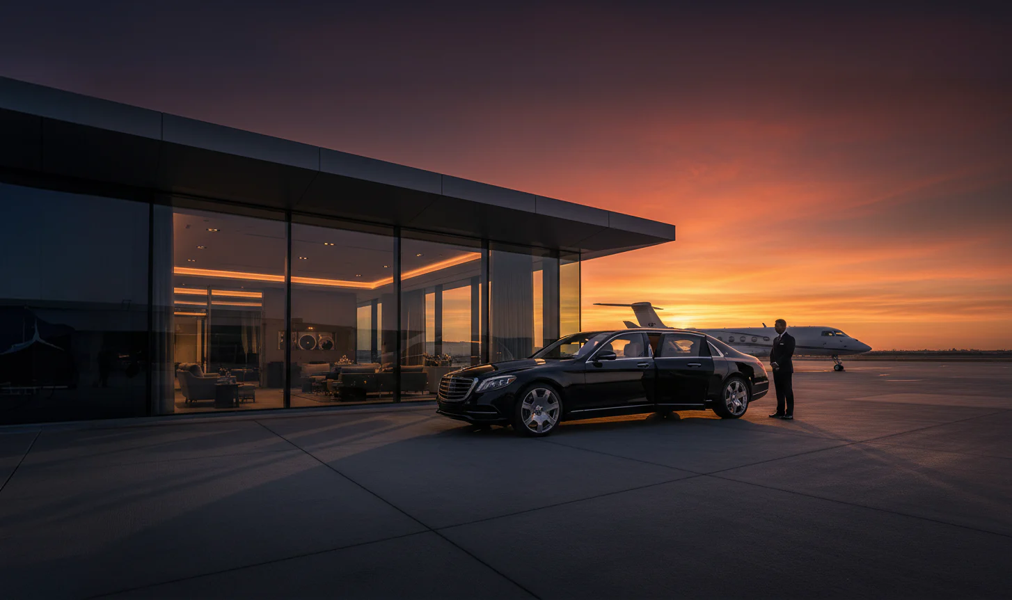 Premium car meeting guests at a private aviation terminal